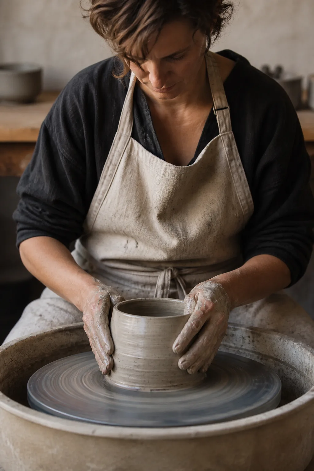 A ceramicist shaping a speckled vessel at the wheel