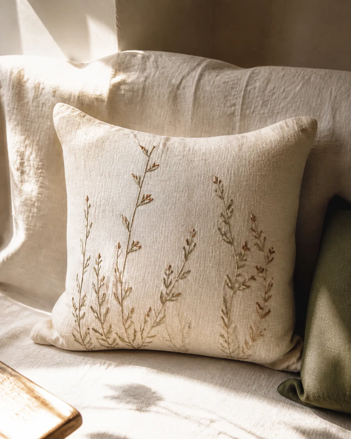 Natural linen cushion with botanical hand embroidery