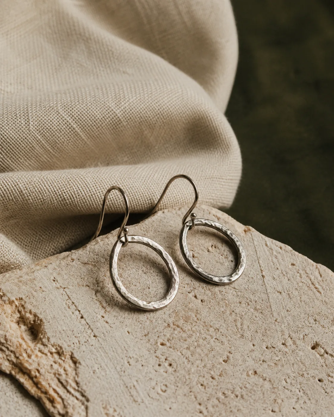 Organic hand-hammered silver loop earrings