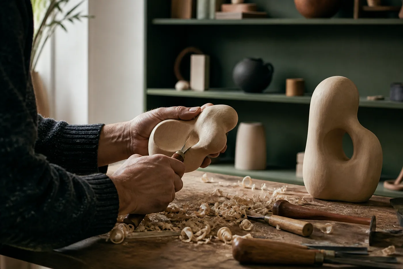 Mia carving an organic shape from pale timber